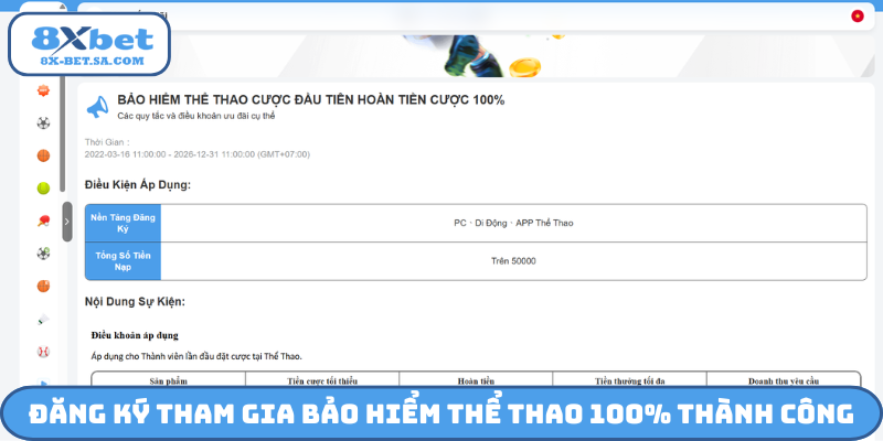 Đăng ký tham gia bảo hiểm thể thao 100% thành công